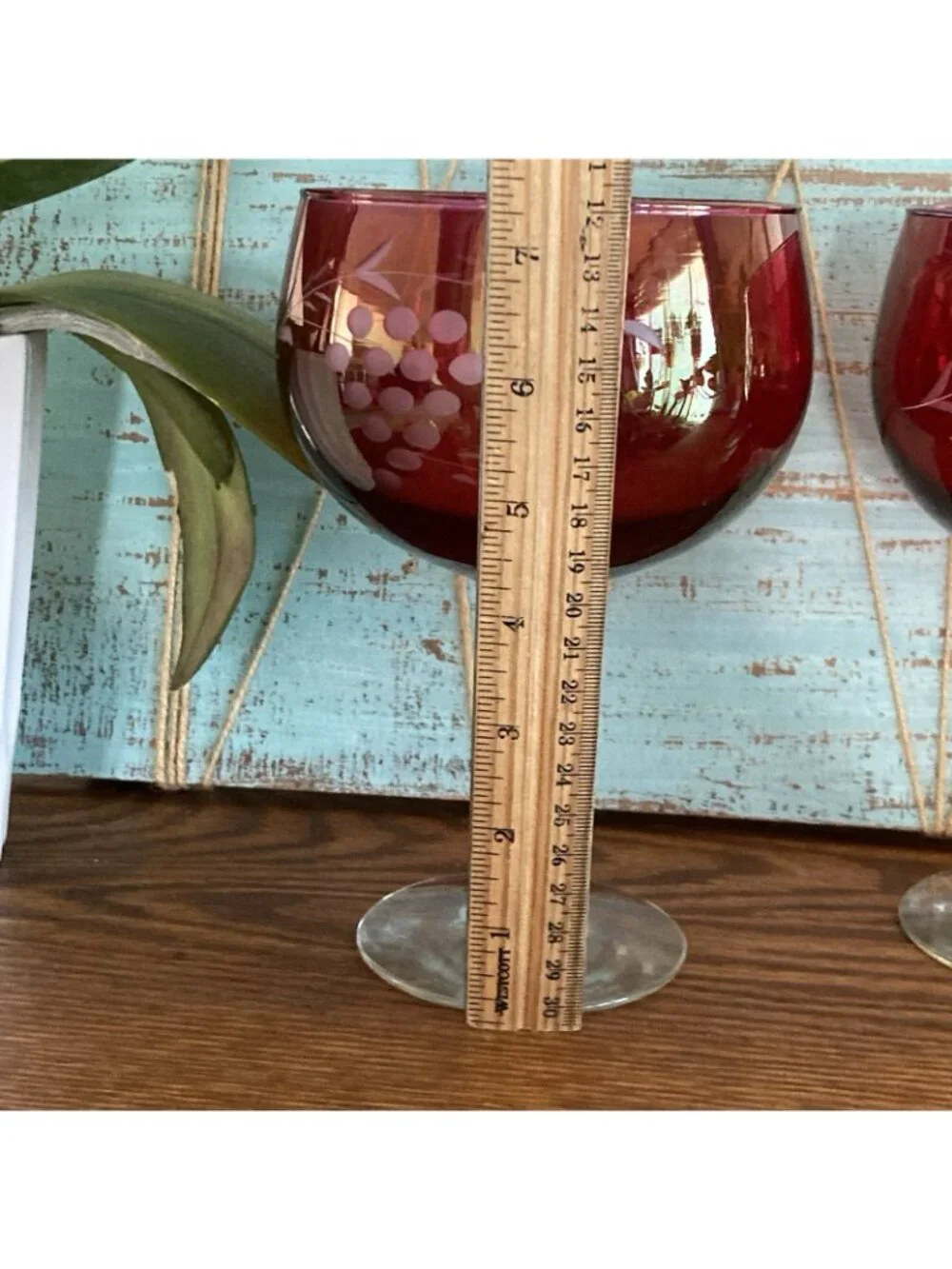 Cranberry Glass Cut To Clear Etched Grapes Balloon Wine Glasses 7.5” Set of 2